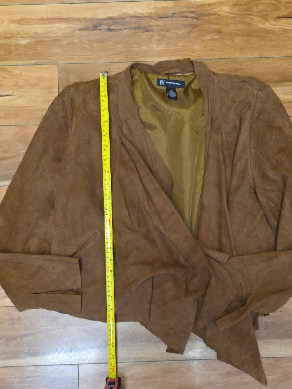 INC 100% Leather Size LG Draped Waterfall Long Sleeve Cardigan Jacket Pockets - Picture 9 of 11